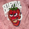 A BLUETILE MAGIC BERRY SMASHED RED t-shirt with a unique color blast image of a strawberry with smoke coming out of it.