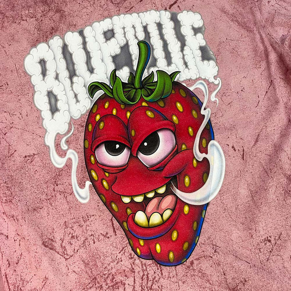 A BLUETILE MAGIC BERRY SMASHED RED t-shirt with a unique color blast image of a strawberry with smoke coming out of it.