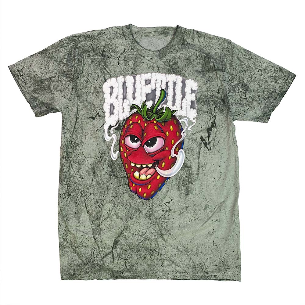 A BLUETILE MAGIC BERRY MAUI GREEN t-shirt with a unique color and an image of a strawberry with a mouth on it.