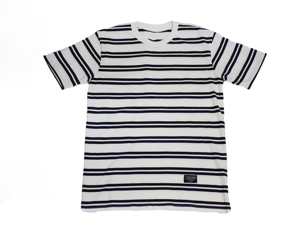 A Bluetile Skateboards BLUETILE SURPLUS STRIPED TEE WHITE / NAVY on a white background.