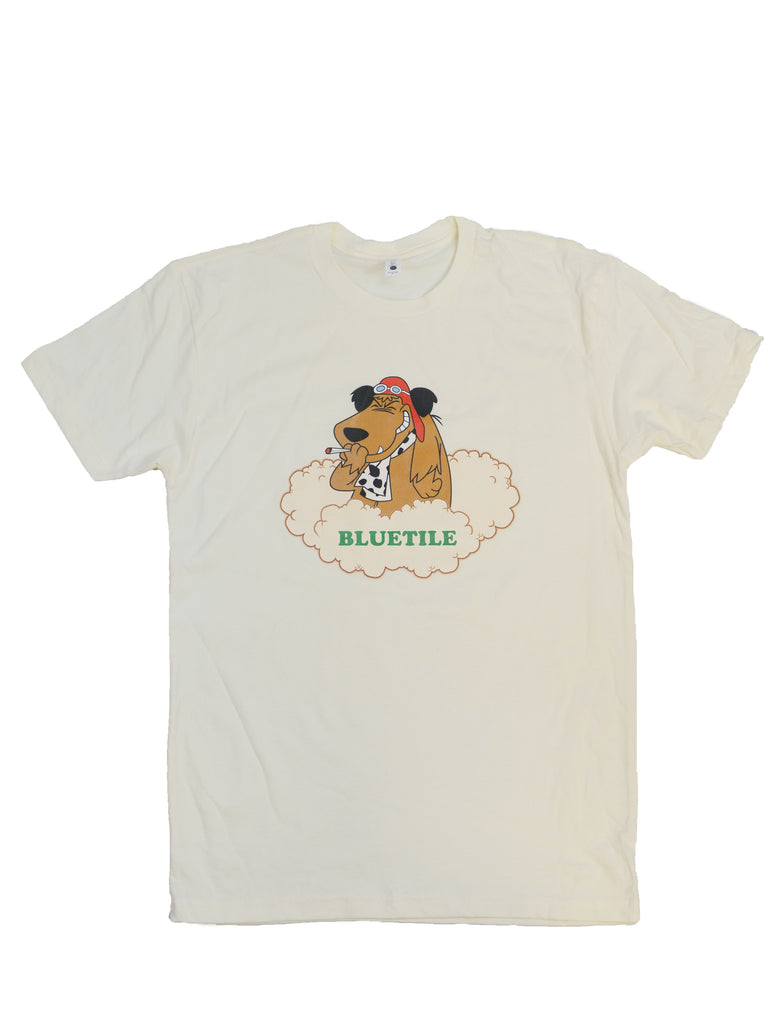 A Bluetile Skateboards white t-shirt with an image of a dog on a cloud, perfect for the Dog Walker, called the BLUETILE DOG WALKER T-SHIRT NATURAL.