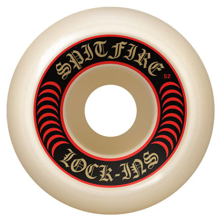 A SPITFIRE F4 LOCK-INS 101D 55MM skateboard wheel with a black and red design.