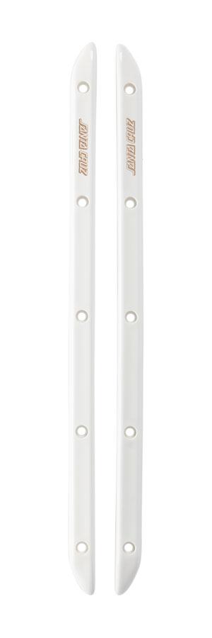The SANTA CRUZ SLIMLINE HSR BEVELED BOARD RAILS WHITE are two long, white, plastic strips with six holes evenly spaced along each strip. The strips are labeled "Sure Grip" near the top and feature a sleek design.