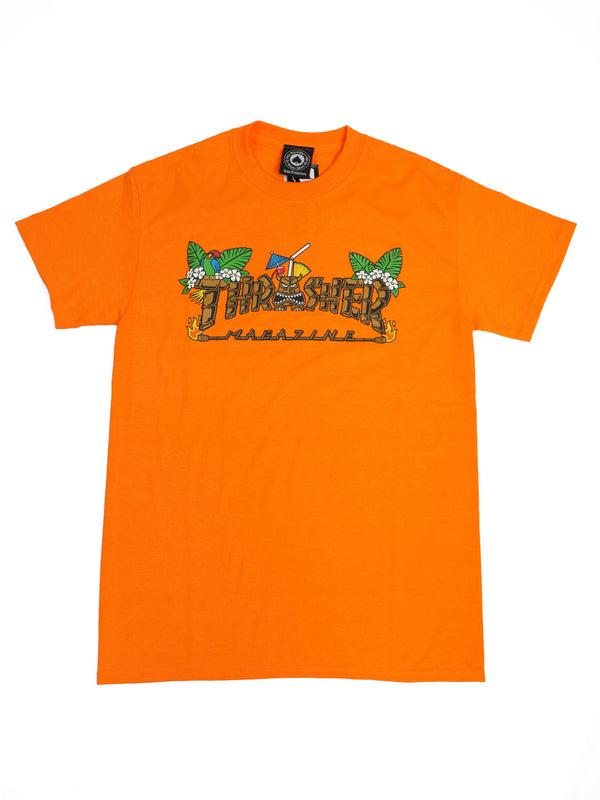 Safety orange short-sleeve t-shirt from THRASHER, featuring a graphic design with tropical elements and the "THRASHER Tiki Logo" on the front.