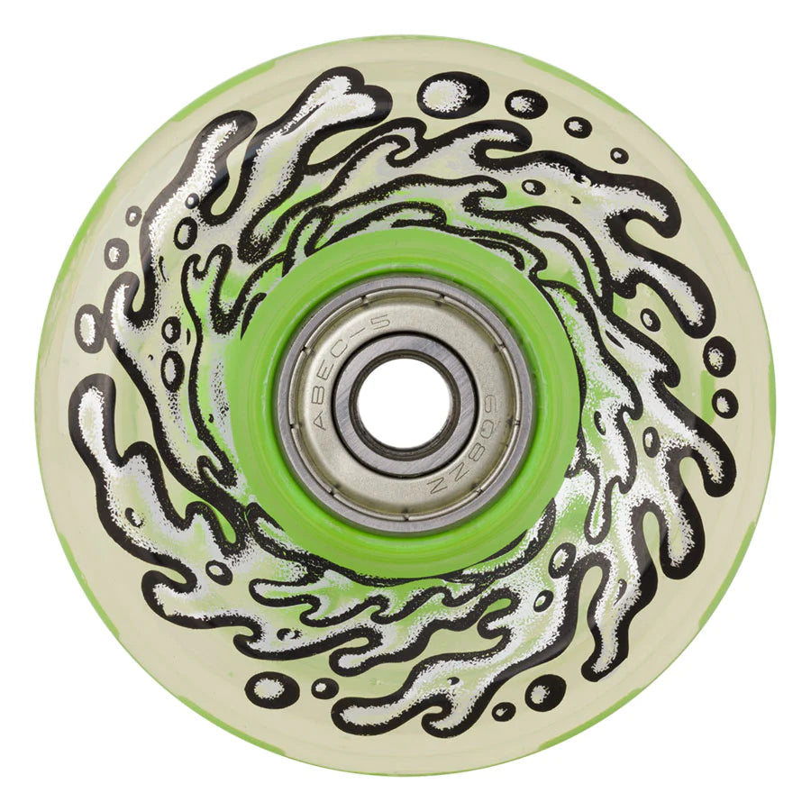 A pair of SLIME BALLS skateboard wheels with green LED lights and swirl designs in black and white.