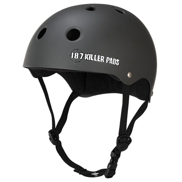 The 187 PRO SWEATSAVER HELMET MATTE CHARCOAL by 187 features ventilation holes, visible chin straps and buckle, and the "187 Killer Pads" logo. Available in sizes Small to X-Large for a comfortable fit.