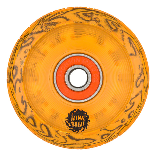 A Slime Balls yellow skateboard with a black and SLIME BALL LIGHT UPS 60MM 78A ORANGE design on it.