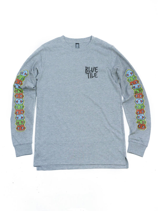 A Bluetile Skateboards long-sleeve t-shirt with a colorful design.