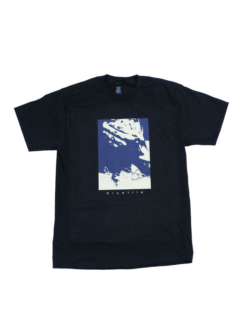 A black BLUETILE HOLD ME T-SHIRT with a blue HOLD ME image on it.