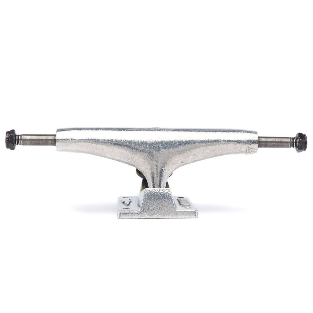 A silver THUNDER TRUCKS 147 POLISHED skateboard truck on a white background.