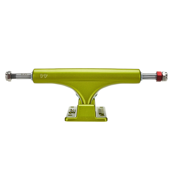 a green Ace skateboard with red rethreader on a white background.