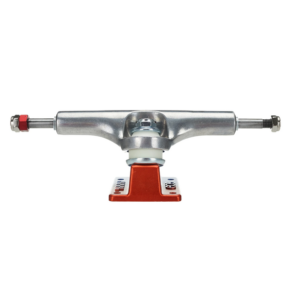 A red and silver Ace skateboard truck on a white background.