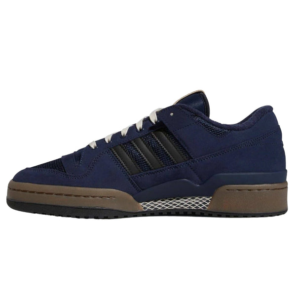 A pair of blue ADIDAS FORUM 84 LOW ADV NAVY / BLACK / BLUEBIRD sneakers on a white background.