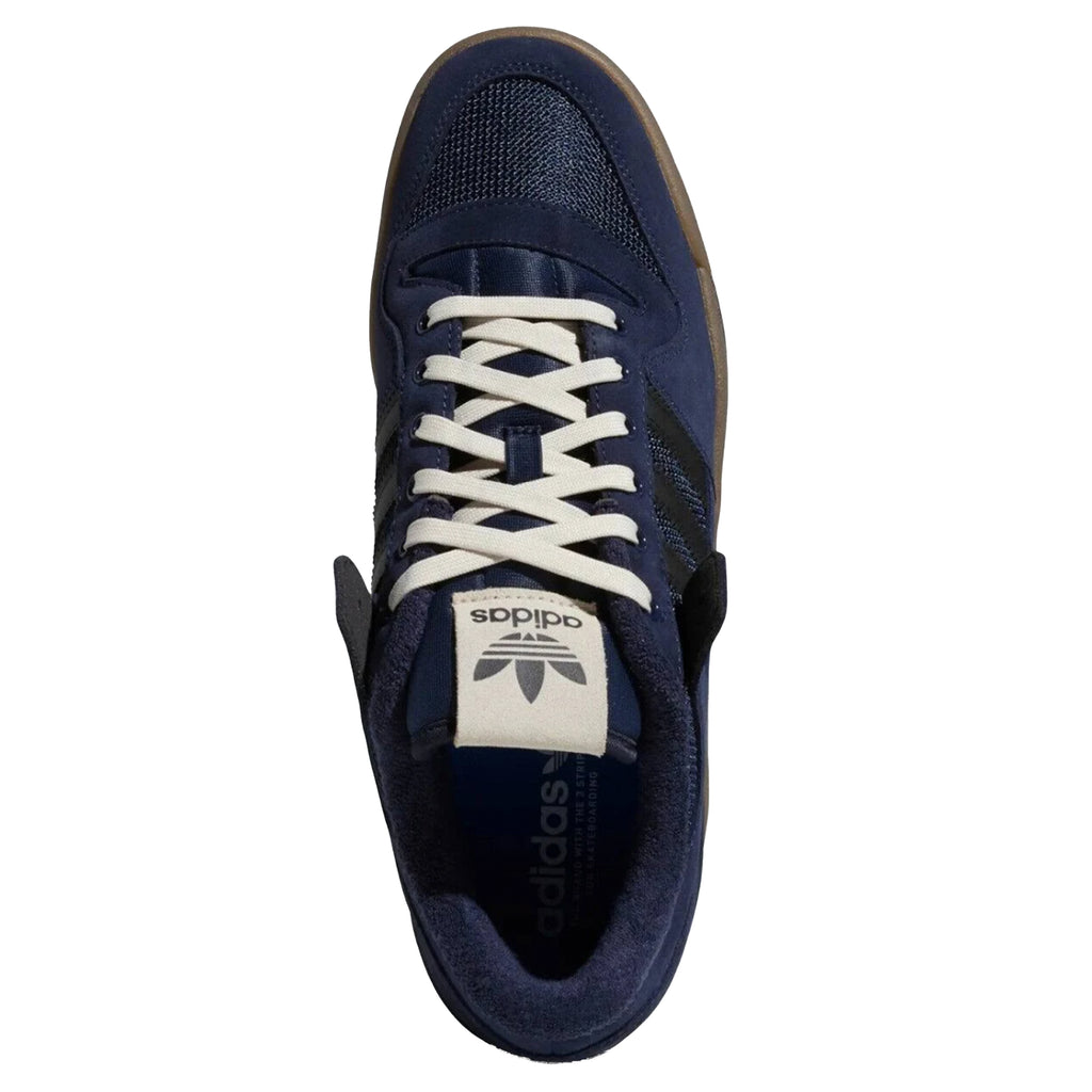 A pair of navy/black/bluebird Adidas Forum 84 Low ADV sneakers with white laces.