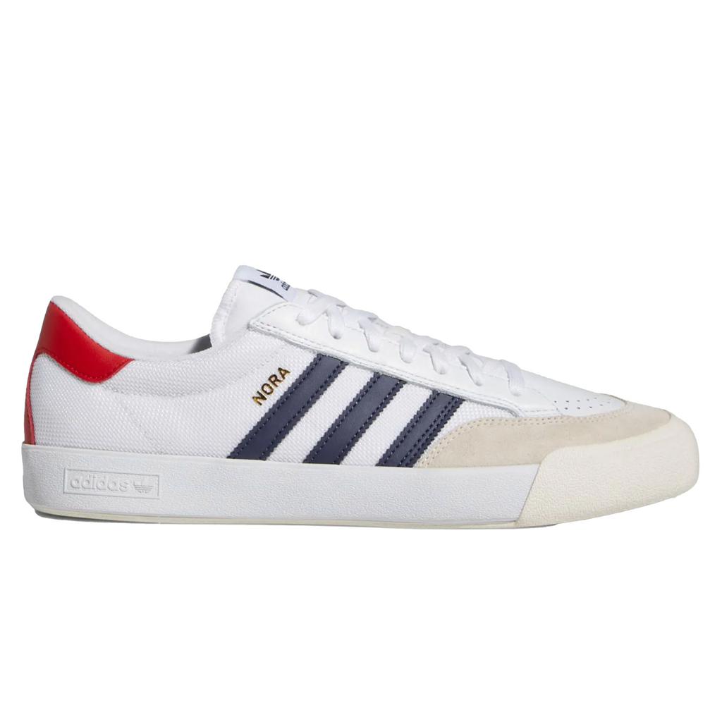 Adidas Nora White / Shadow Navy / Scarlet sneakers in white and blue.