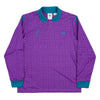 A long-sleeve ADIDAS Paradigm Jersey in Active Purple and Black, featuring a geometric pattern with teal accents on the collar, cuffs, and shoulder stripes.