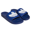A pair of ADIDAS SHMOOFOIL SLIDE VICTORY BLUE / WHITE slippers with a white shark on it.