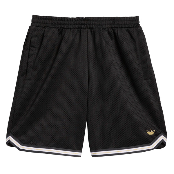 The ADIDAS Tyshawn B Ball Shorts in black/white feature recycled polyester, white and gray hem trim, zippered pockets, and a gold adidas logo on the left leg.