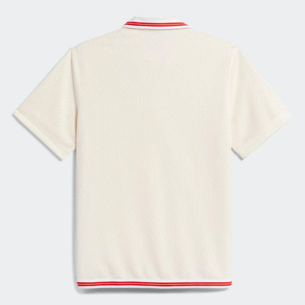 Back view of the ADIDAS TJ WARM UP SHIRT in white/scarlet, a short-sleeve basketball top with red and white striped trim on the collar and hem, crafted from recycled materials.
