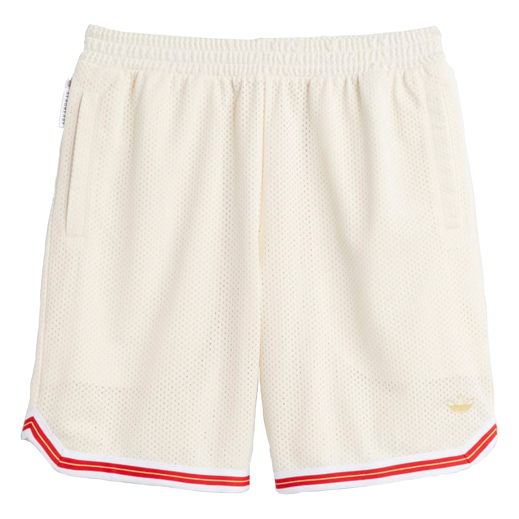 An ADIDAS Tyshawn B Ball Shorts White/Scarlet with a red stripe on the side.
