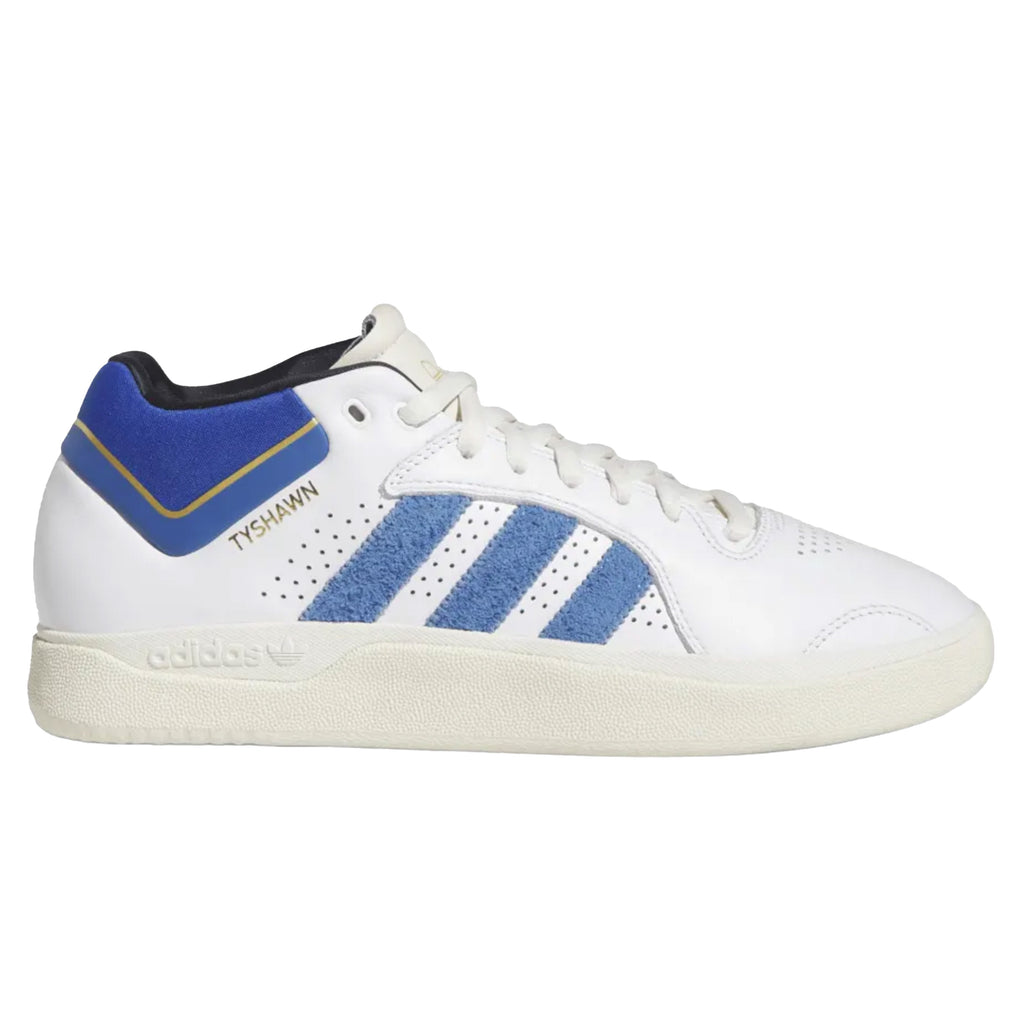 A white and blue Adidas Tyshawn sneakers.