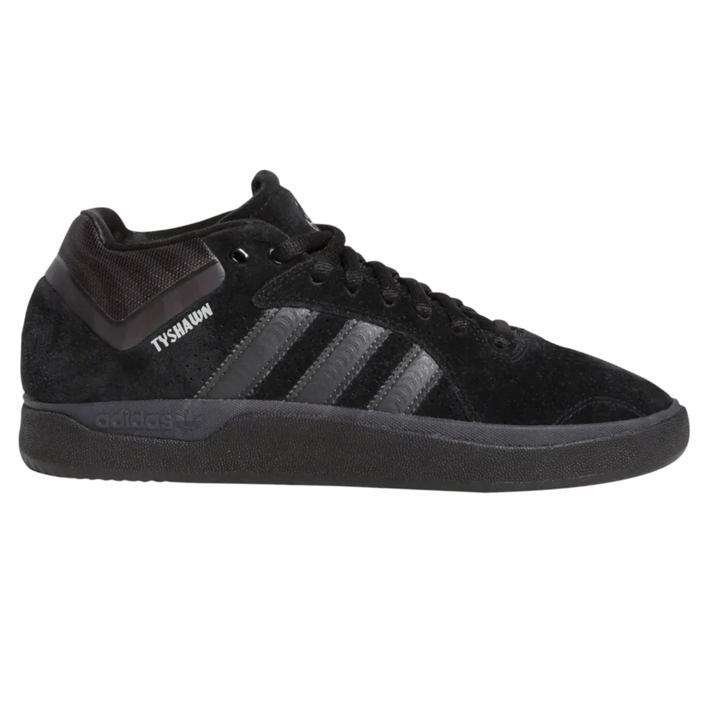 A black ADIDAS TYSHAWN X SPITFIRE BLACK / BLACK / SILVER METALLIC sneakers with a black sole.