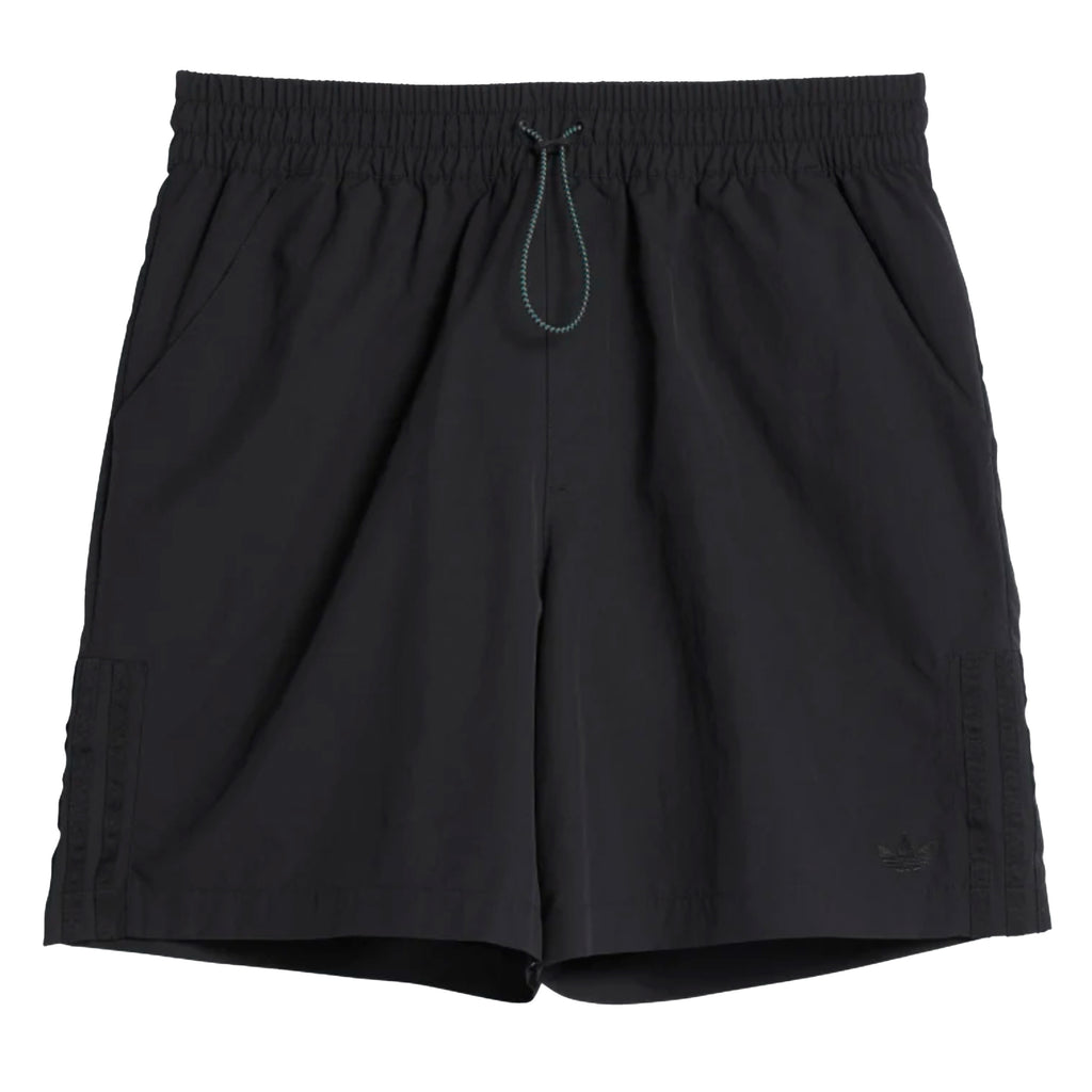 An ADIDAS water short black with a drawstring on the side.