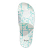 An ADIDAS SHMOOFOIL slide sandal in cloud white and semi mint with a design on it.