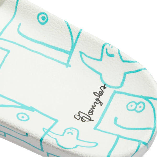 A white slipper with a blue drawing on it, the ADIDAS SHMOOFOIL SLIDE CLOUD WHITE / SEMI MINT.
