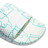 A pair of white sandals with a ADIDAS SHMOOFOIL SLIDE CLOUD WHITE / SEMI MINT pattern on them.