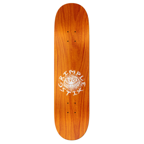 A skateboard with a white ANTIHERO GRIMPLE STIX HEWITT BALANCING ACT logo on it.
