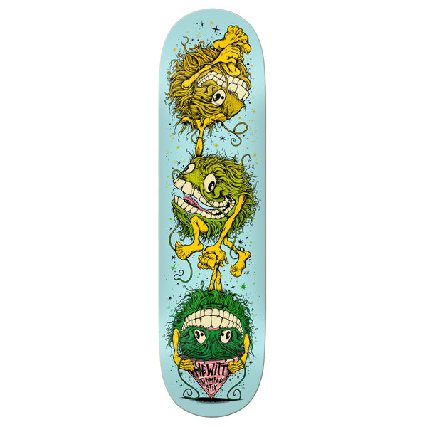 An ANTIHERO skateboard deck with three green monsters by GRIMPLE STIX HEWITT BALANCING ACT.