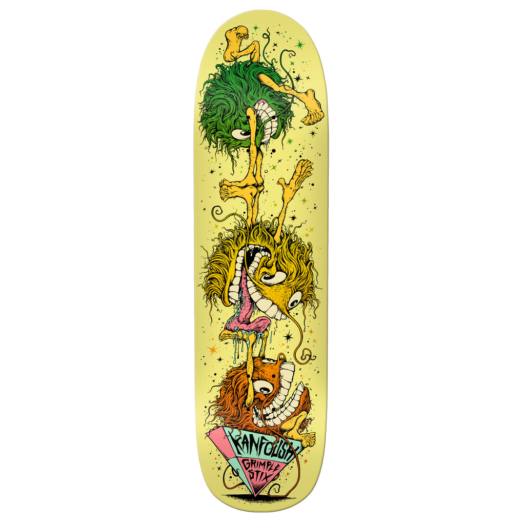 A yellow skateboard with two cartoon characters on it from ANTIHERO's GRIMPLE STIX KANFOUSH BALANCING ACT.