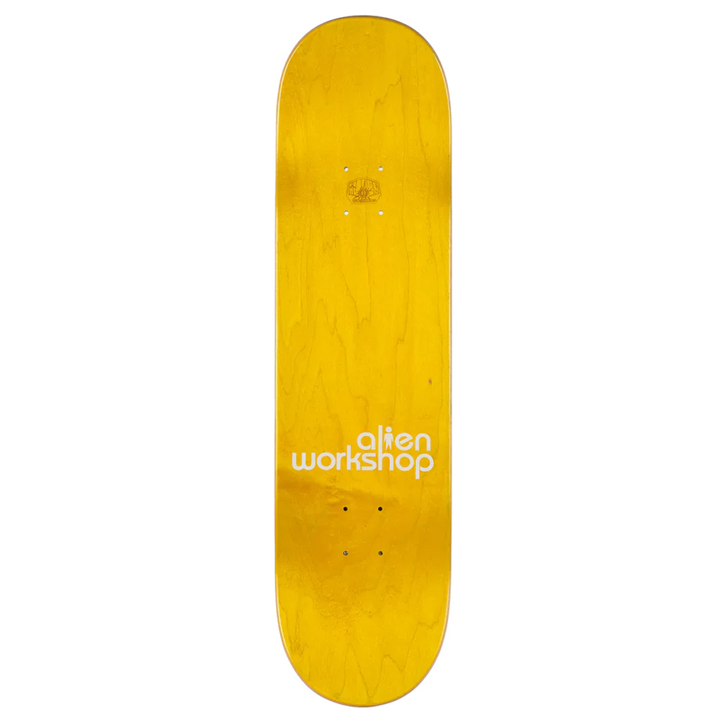 A yellow ALIEN WORKSHOP X METAL FRED BLACK WIDOW REISSUE skateboard with the words written on it.