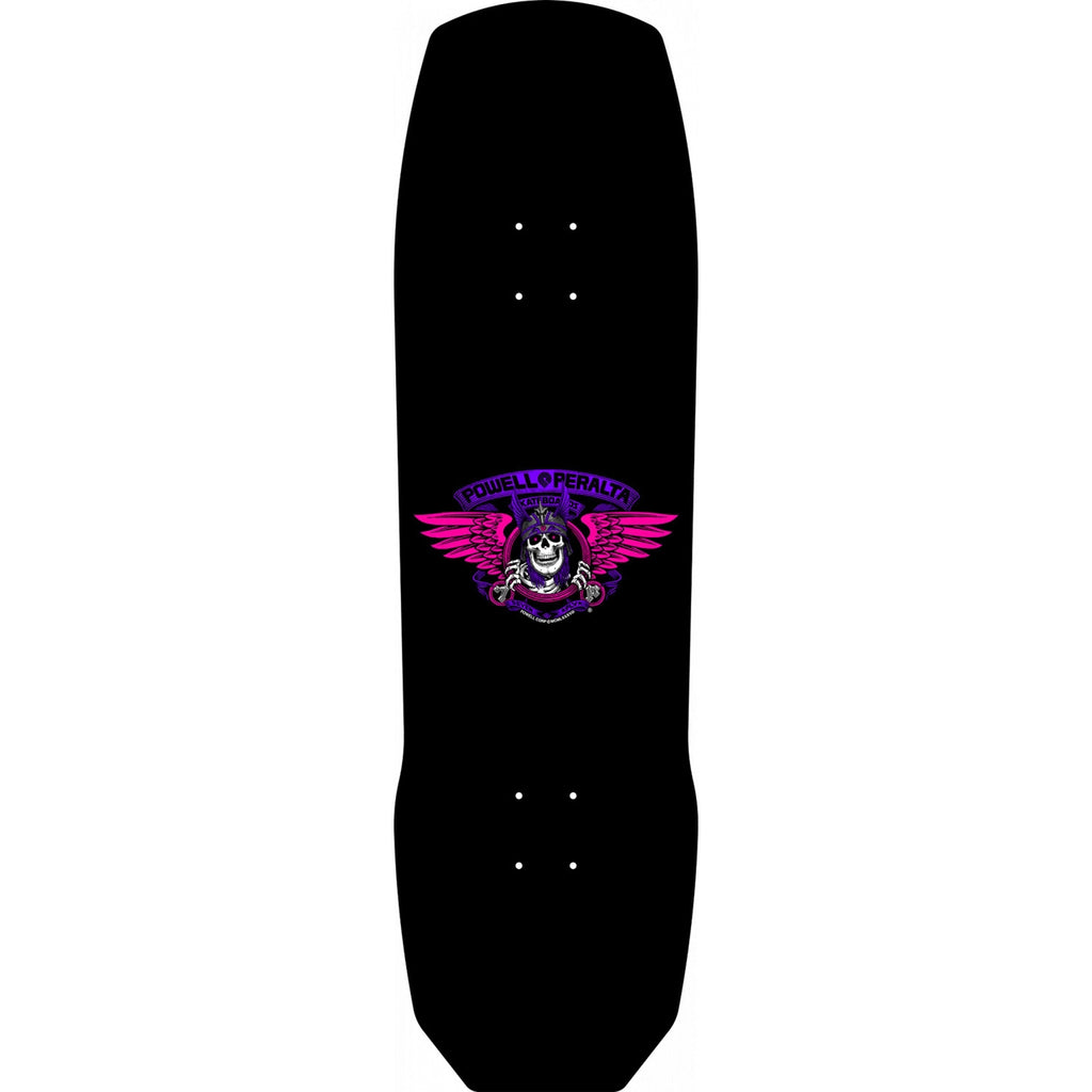 A black POWELL PERALTA ANDY ANDERSON 7 PLY MAPLE 8.45 skateboard deck with a purple Powell Peralta logo on it.