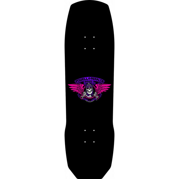 A black POWELL PERALTA ANDY ANDERSON 7 PLY MAPLE 8.45 skateboard deck with a purple Powell Peralta logo on it.