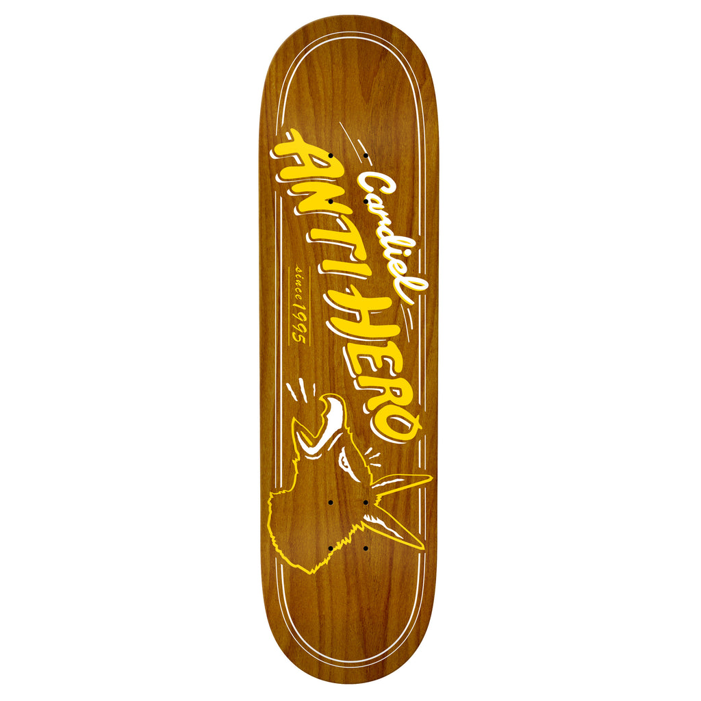 A skateboard deck with the word hero and an ANTIHERO logo on it.