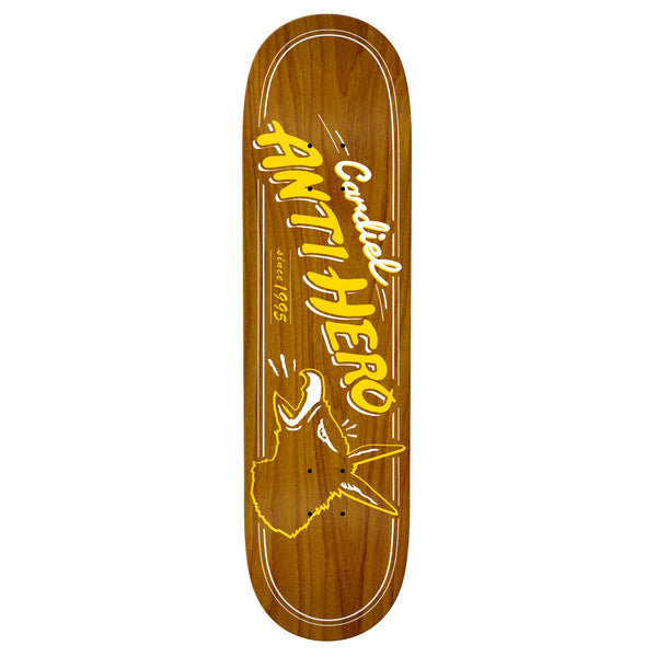 A skateboard deck with the word hero and an ANTIHERO logo on it.
