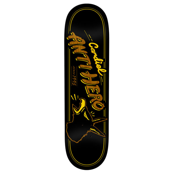 A black and yellow skateboard with the word hero on it, inspired by the ANTIHERO brand.