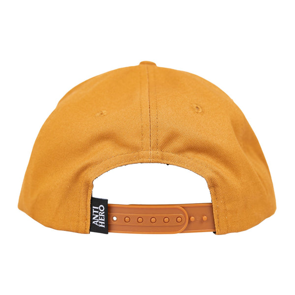 An ANTIHERO LIL PIGEON SNAPBACK KHAKI with a black label on the back featuring the Lil Pigeon emblem.