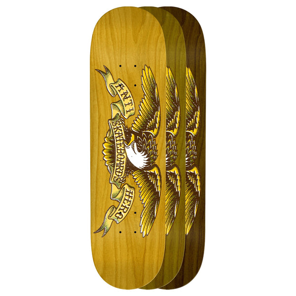 An ANTIHERO MIS-REGISTER EAGLE SHORT WHEELBASE skateboard with an EAGLE on it.