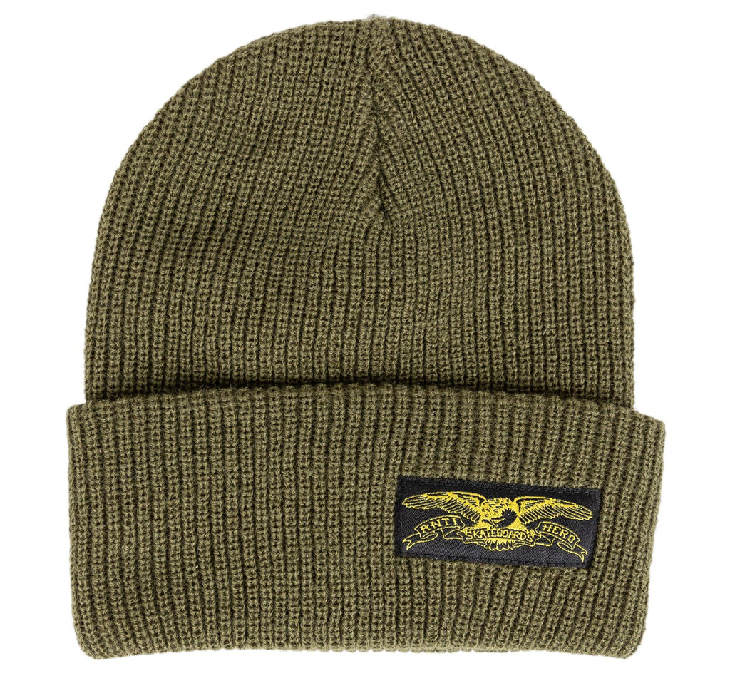 An ANTIHERO olive beanie with an ANTIHERO STOCK EAGLE LABEL patch on it.