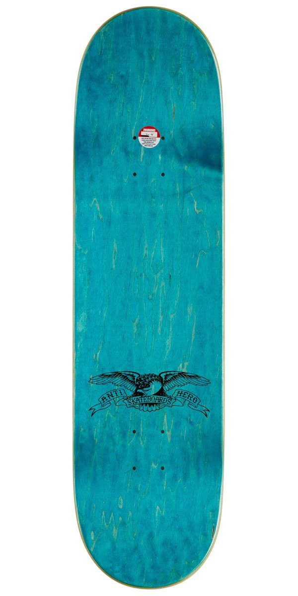 An ANTIHERO skateboard with various stains.