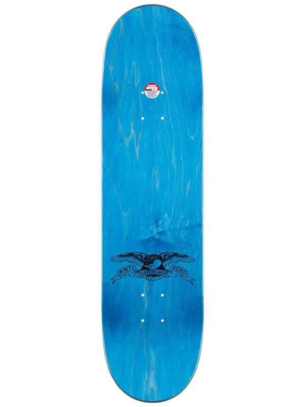 A blue skateboard with an eagle on it, featuring the iconic ANTI HERO TRUJILLO MOTEL design by ANTIHERO.