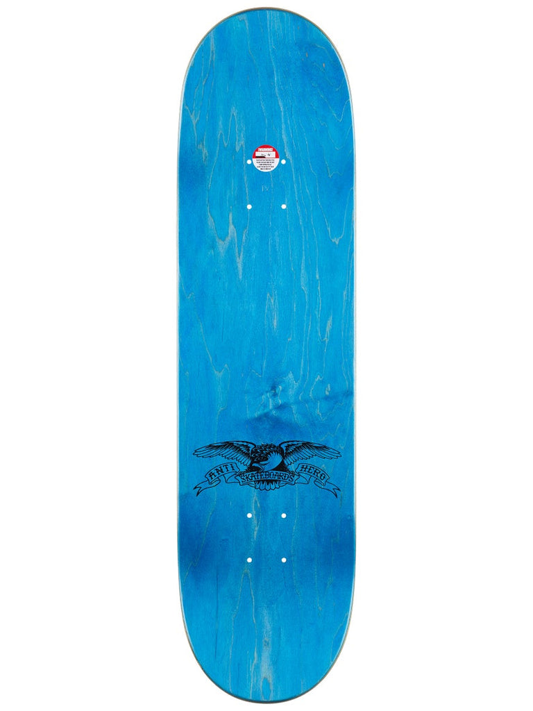A blue skateboard with an eagle on it, featuring the iconic ANTI HERO TRUJILLO MOTEL design by ANTIHERO.