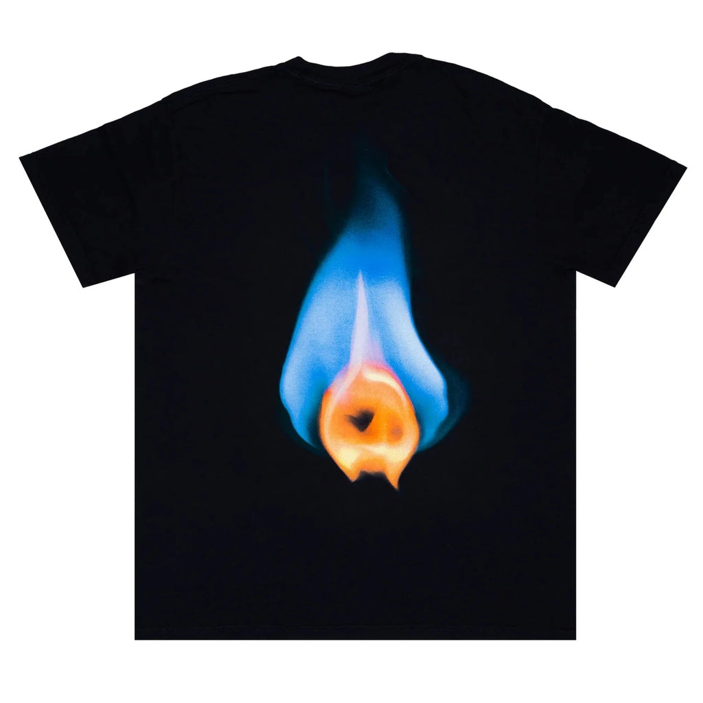 An "APRIL FLAME TEE BLACK" t-shirt with a flame on it, by APRIL.