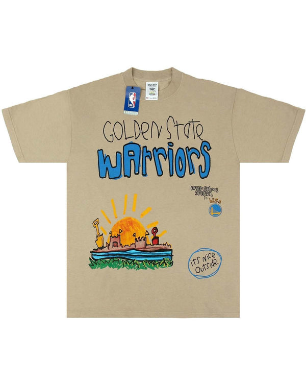 The AFTER SCHOOL SPECIAL A.S.S. X Shaka Wear X NBA Warriors Tee in oatmeal features a vibrant, animated design with the text "Golden State Warriors" and an illustration of a cityscape with a setting sun. The NBA logo is proudly displayed on the tag near the collar, ensuring that this stylish and durable Warriors T-shirt stands out.