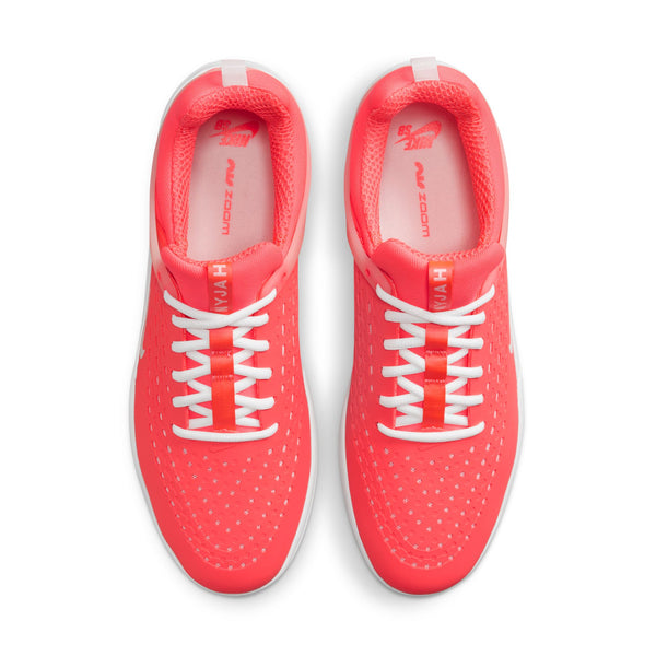 The NIKE SB NYJAH 3 ZOOM HOT PUNCH / WHITE sneakers by Nike feature a vibrant hot punch red upper with white laces and soles, shown from above on a white background—ideal for skateboarding or exploring Columbia, SC.