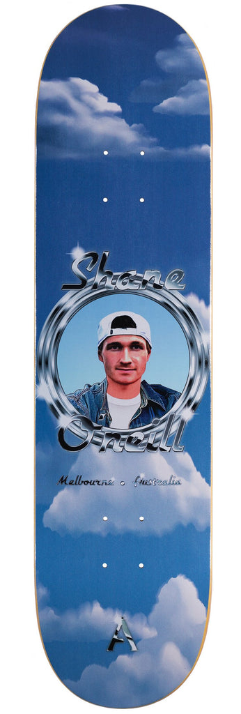 A skateboard with the picture of Shane O'Neill on it from April brand.
