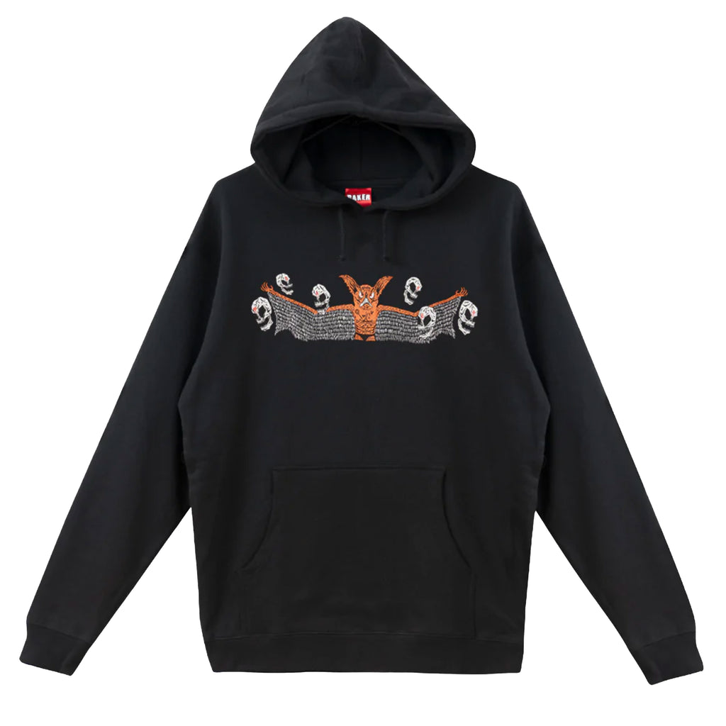 A THRASHER BAKER THROWBACK FROM THE DEAD HOODIE BLACK with an orange and black design.
